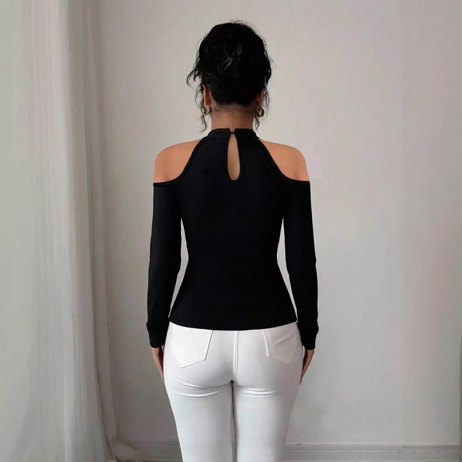 Hollow out shoulder pleated curved hem slim fit top