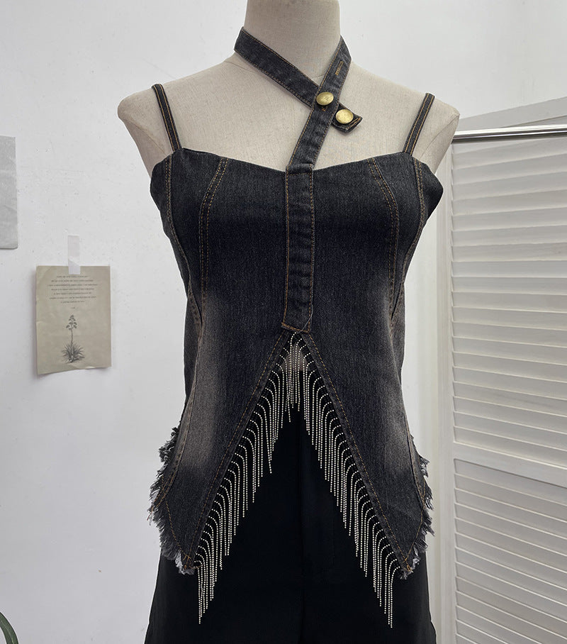 Hanging neck slim fit tassel irregular sleeveless top