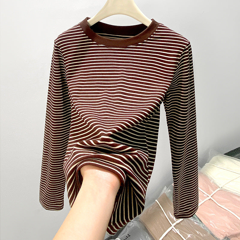Round neck striped T-shirt long sleeved top for women