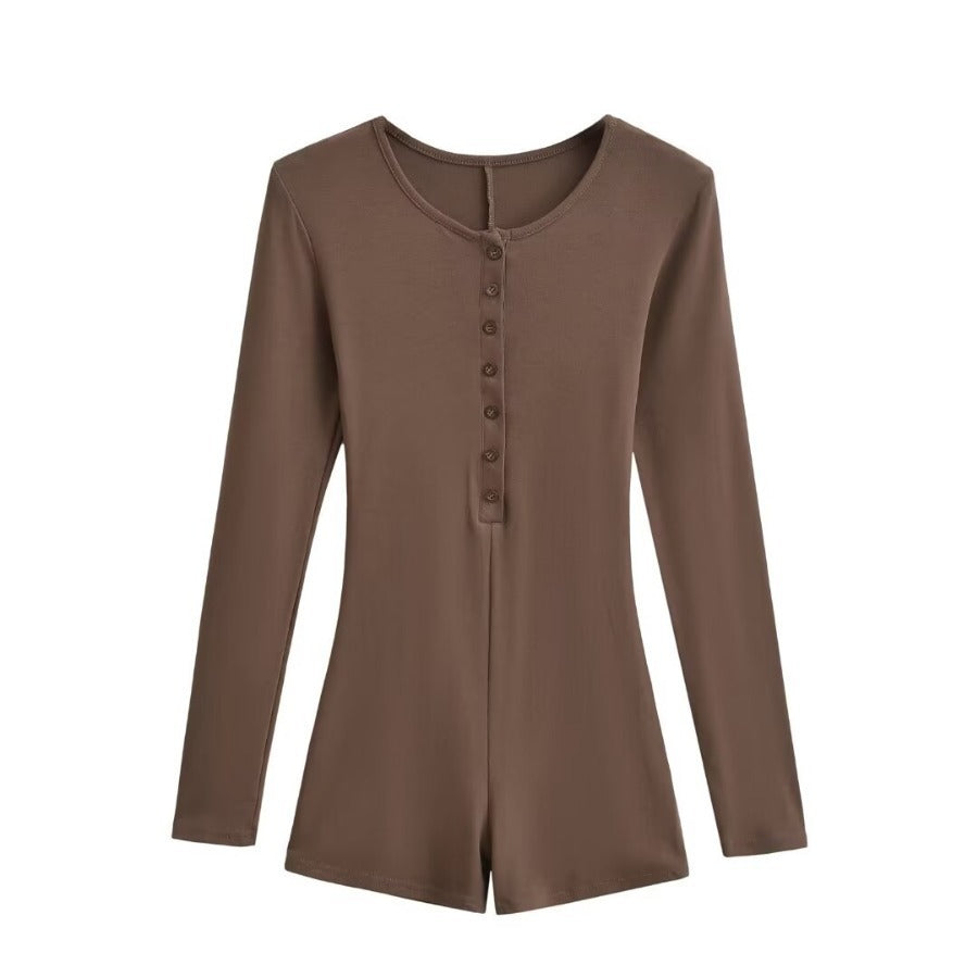 Single-breasted round-neck slim-fitting solid-color long-sleeved jumpsuit