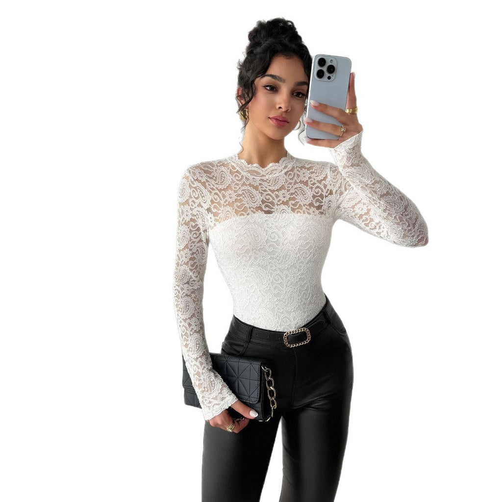 Lace patchwork back zipper long sleeved top