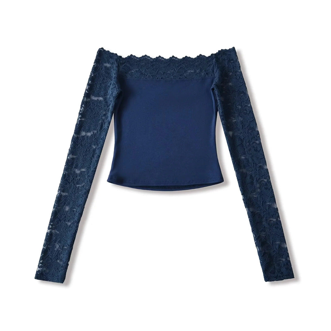 Lace Off-Shoulder Long Sleeve T-Shirt for Women, Sexy Hollow Out Fitted Crop Top, Pure Desire Style, Unique Streetwear Design