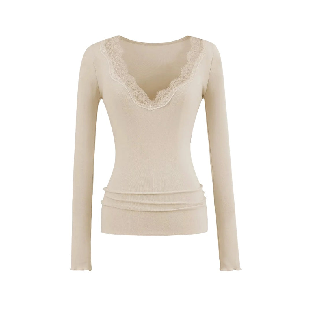 Pure Desire Style Sexy Lace Patchwork V-Neck Long Sleeve T-Shirt for Women  Vintage Fitted Inner Layer Basic Top Solid Color