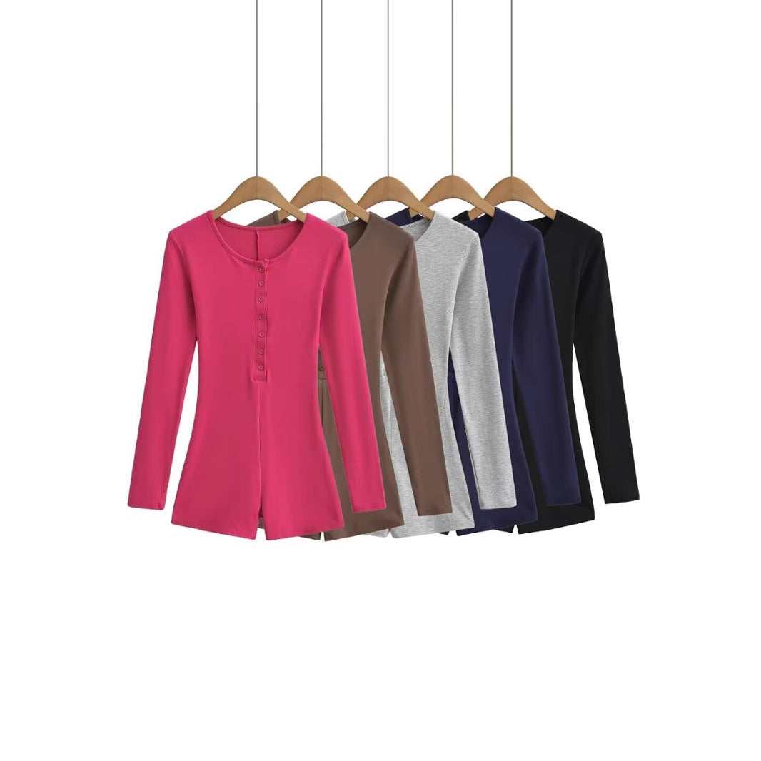 Single-breasted round-neck slim-fitting solid-color long-sleeved jumpsuit