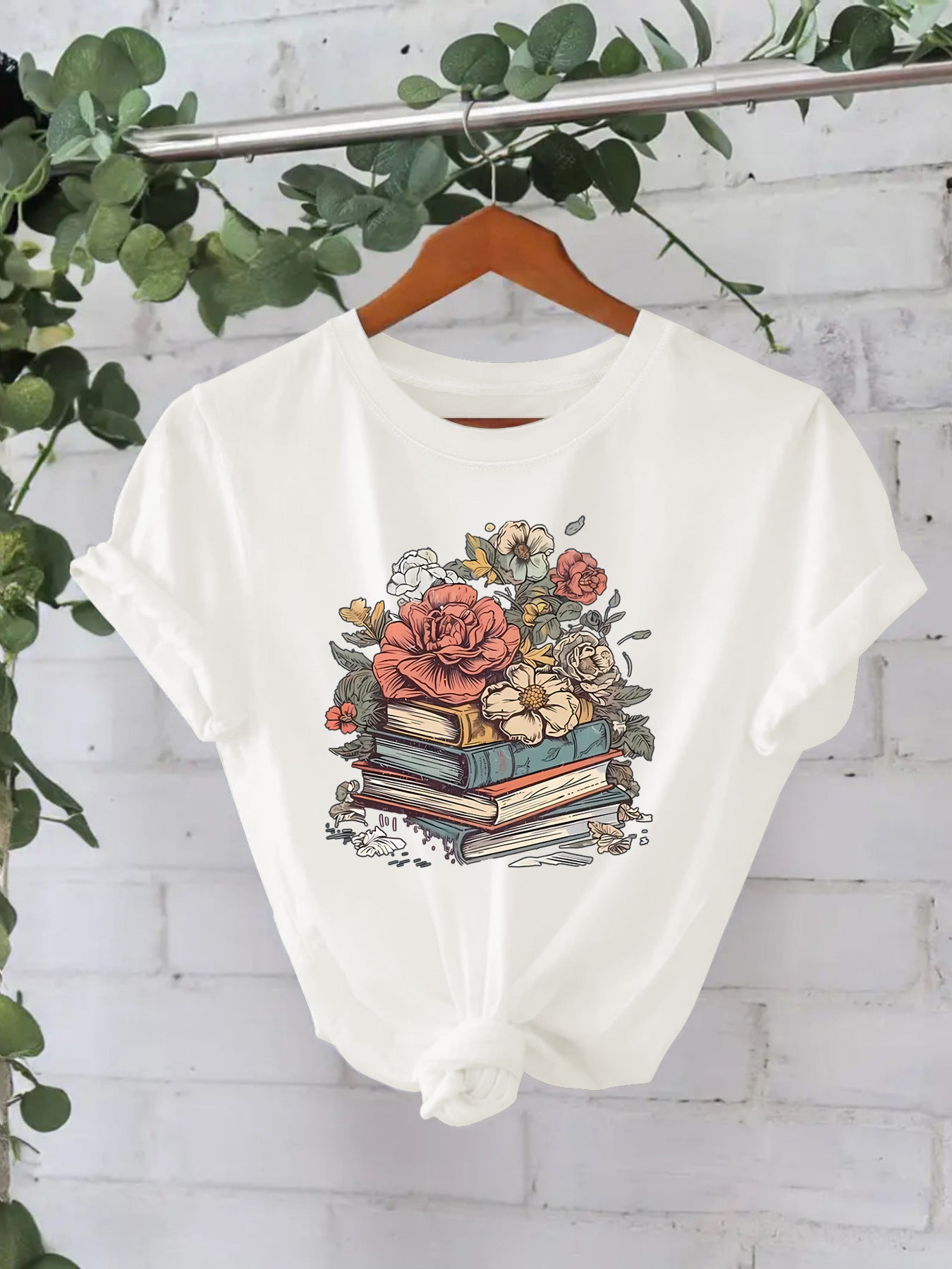 Flower Book New Round Neck Loose Short Sleeve