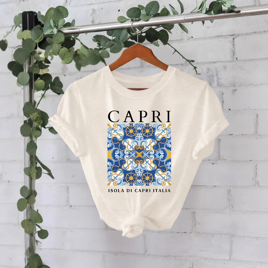 CAPRI Pattern Loose Short Sleeve Round Neck T-shirt