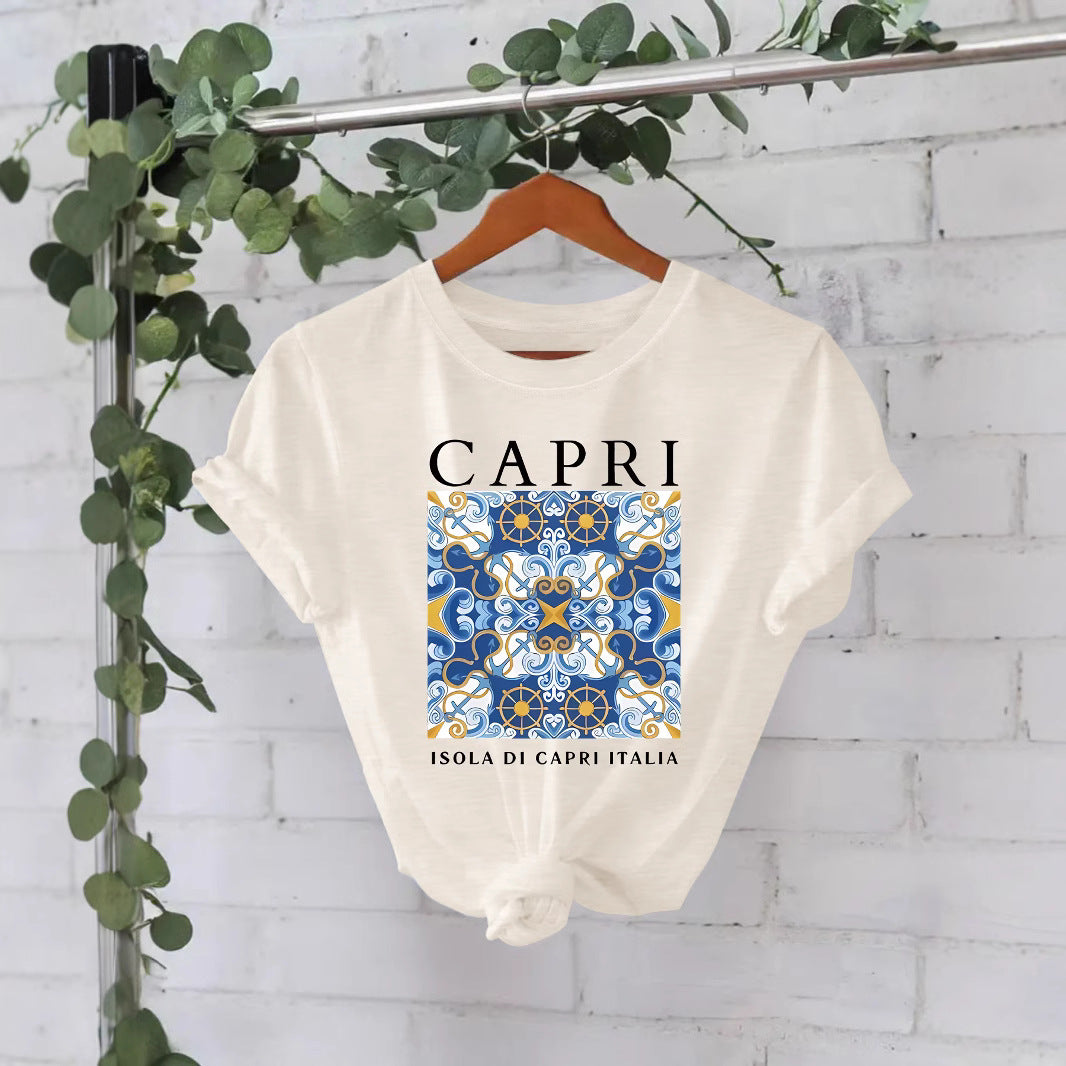 CAPRI Pattern Loose Short Sleeve Round Neck T-shirt