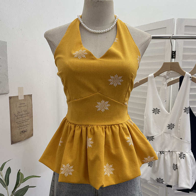Hanging neck tie backless embroidered sleeveless top