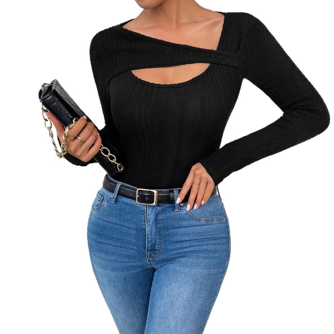 Women's asymmetrical collar hollowed out long sleeved T-shirt top