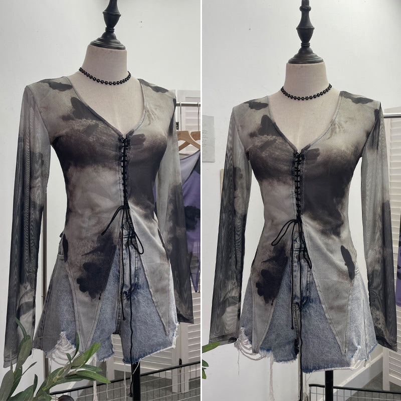 V-neck lace up hollow irregular long sleeved T-shirt top