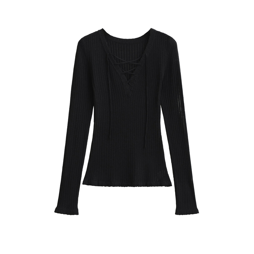 V-neck strap slim fit long sleeved top