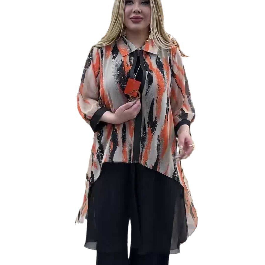 Printed seven quarter sleeve zipper cardigan with tailcoat and slit chiffon shirt