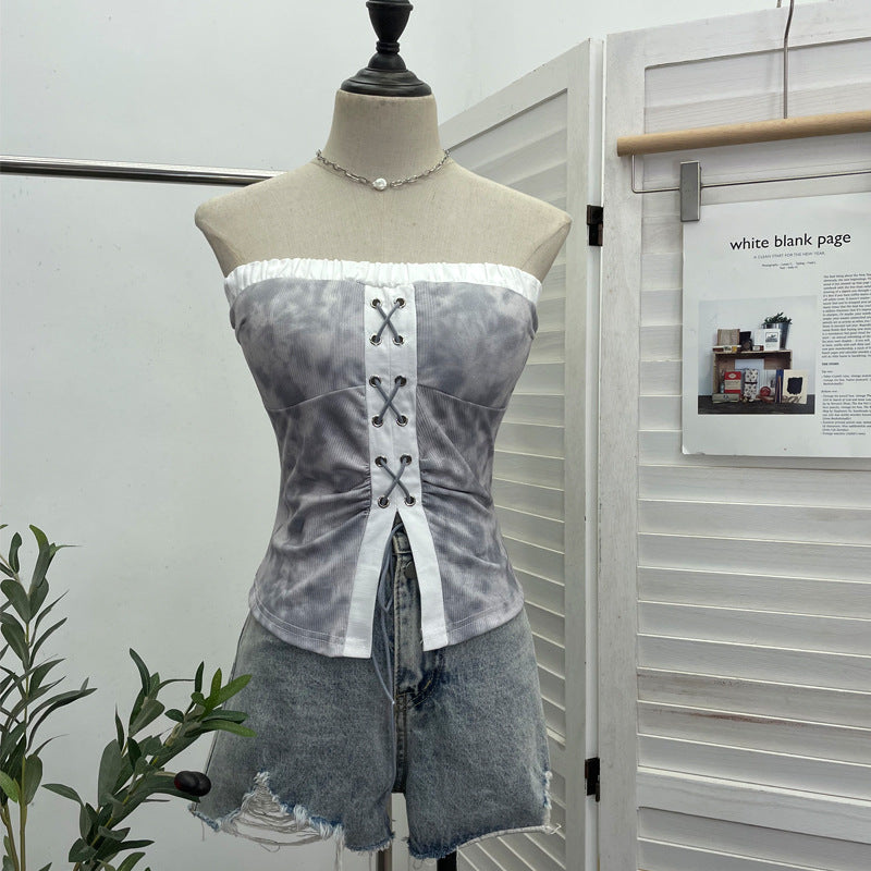 Tie dye strapless lace up top for women
