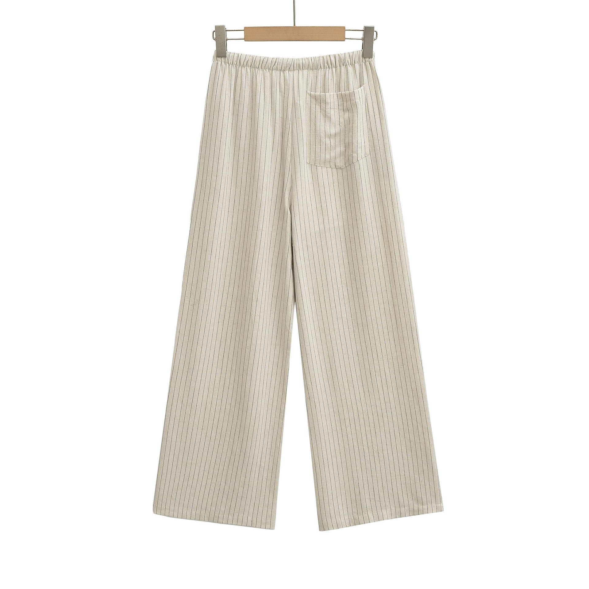 Casual Striped Drawstring Pants for Women Summer Loose Cotton Linen Straight Leg Relaxed Wide Leg Floor-Length Trousers