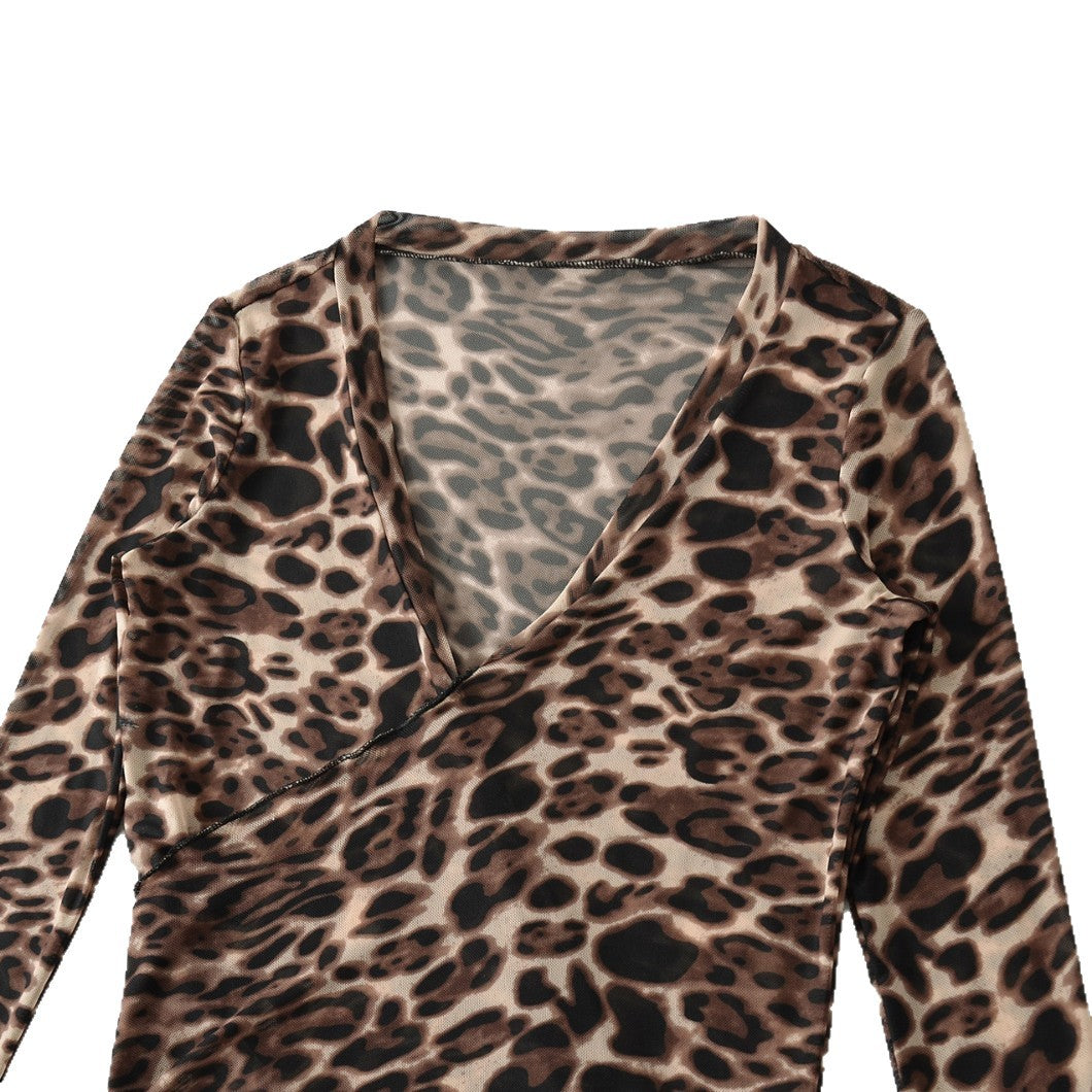 Leopard cross tie long sleeved top for women