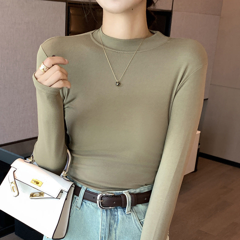 Women's long sleeved T-shirt with small stand up collar top