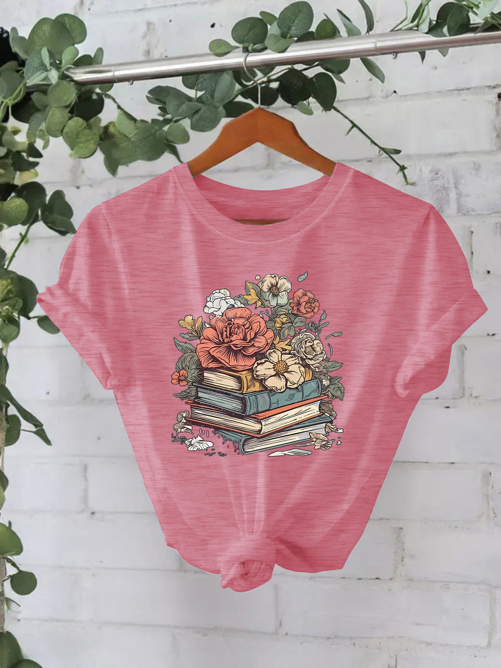 Flower Book New Round Neck Loose Short Sleeve