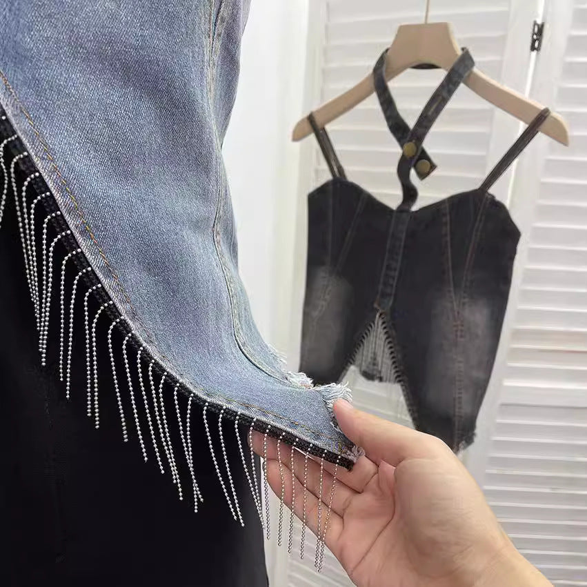 Hanging neck slim fit tassel irregular sleeveless top