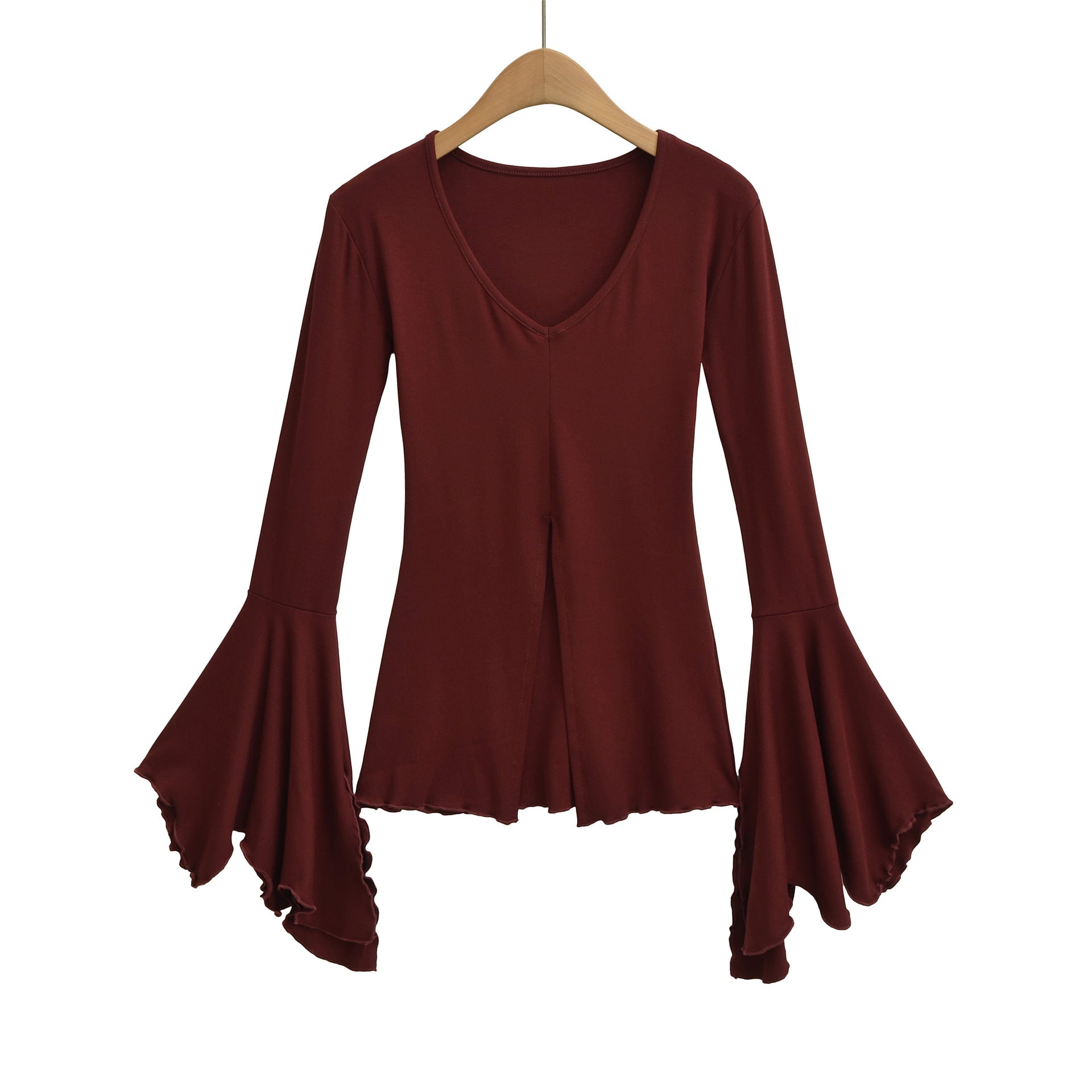 Sexy V-neck flared sleeves split bottom top T-shirt