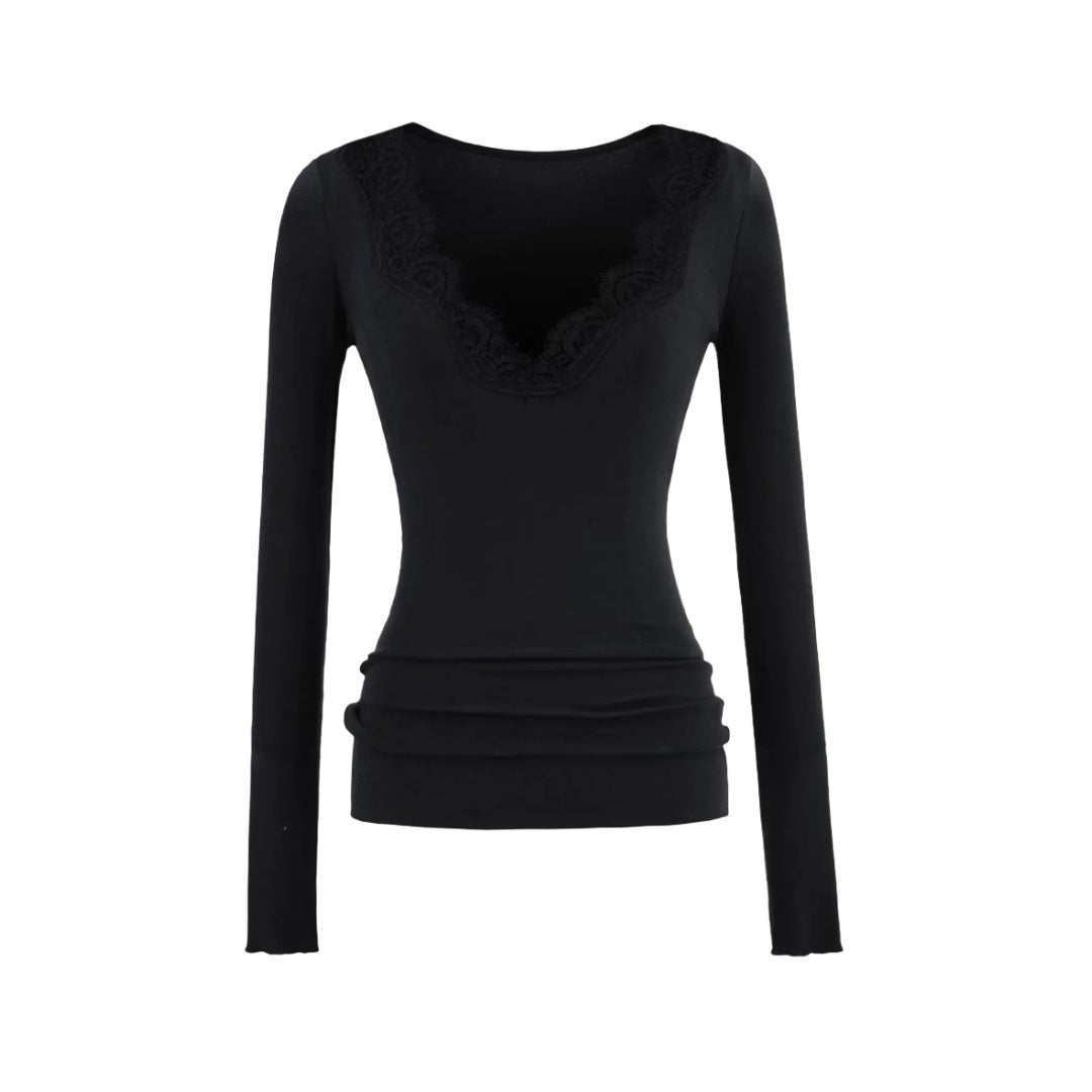 Pure Desire Style Sexy Lace Patchwork V-Neck Long Sleeve T-Shirt for Women  Vintage Fitted Inner Layer Basic Top Solid Color