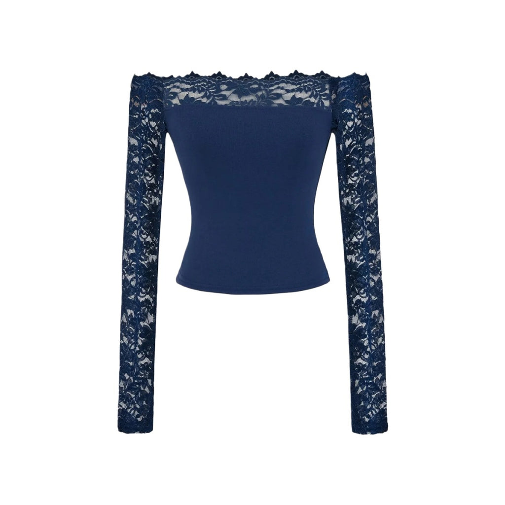 Lace Off-Shoulder Long Sleeve T-Shirt for Women, Sexy Hollow Out Fitted Crop Top, Pure Desire Style, Unique Streetwear Design