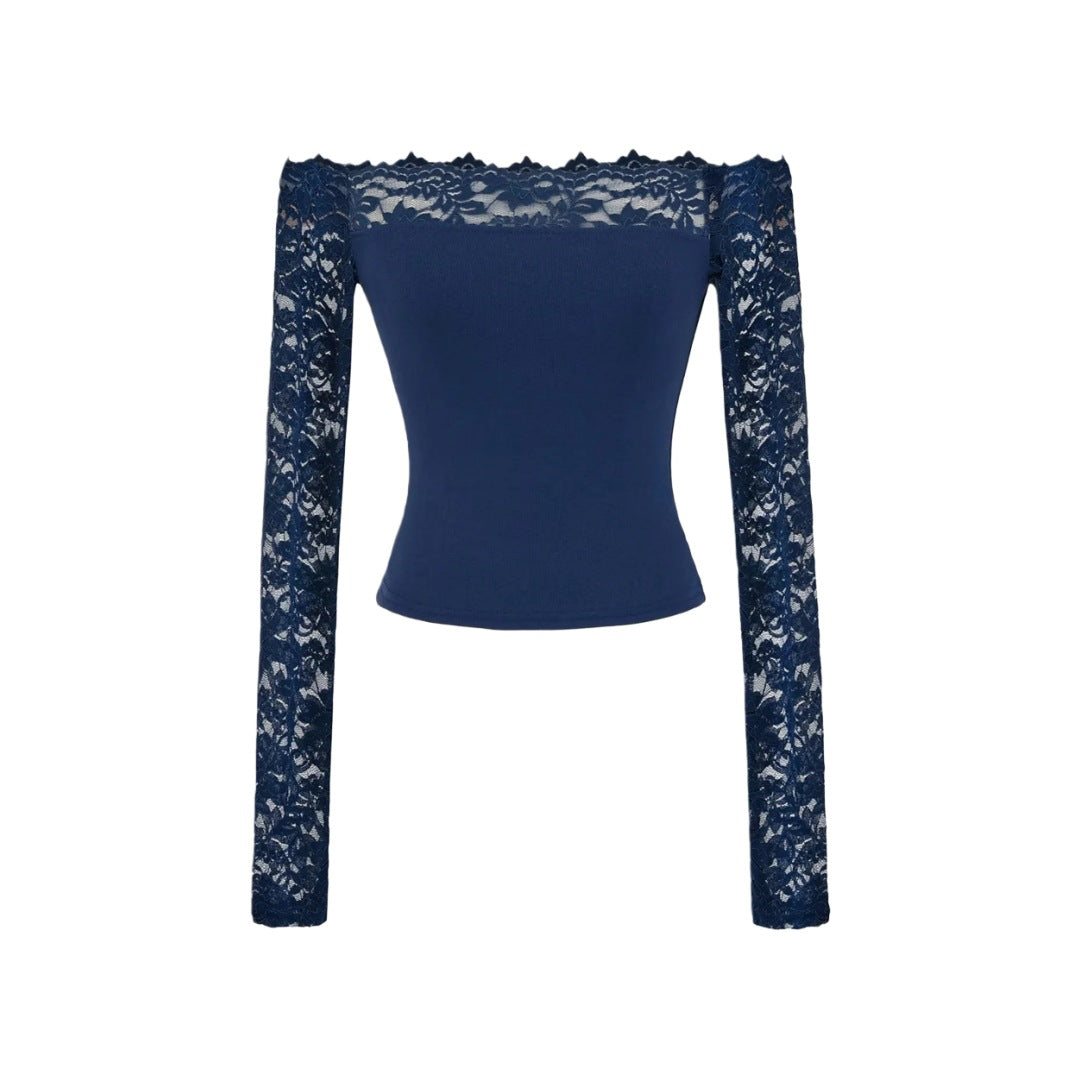 Lace Off-Shoulder Long Sleeve T-Shirt for Women, Sexy Hollow Out Fitted Crop Top, Pure Desire Style, Unique Streetwear Design