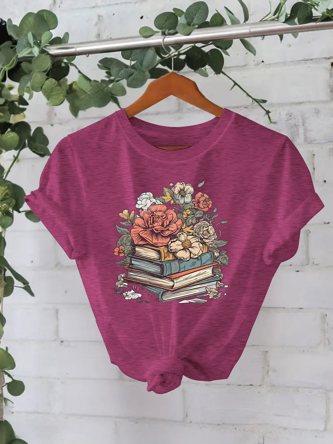 Flower Book New Round Neck Loose Short Sleeve