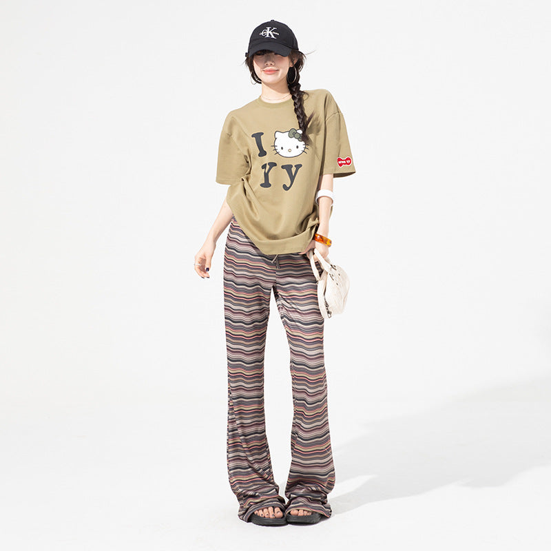 Women's Street Color Block Striped Brown Drawstring Slimming Flared Casual Trousers