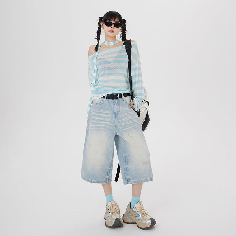 Women's  Loose Wide-Leg Jeans High-Waist Straight Leg Pants with  Frayed Details