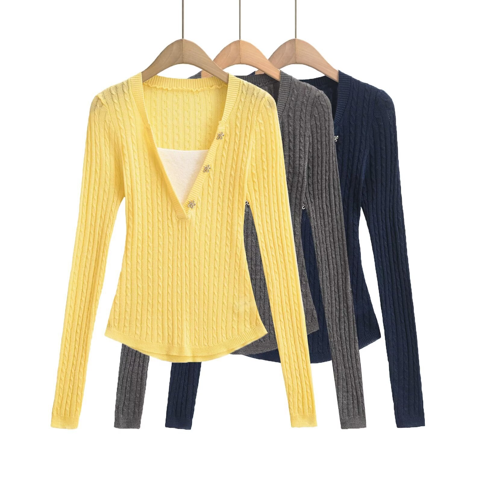 Flower button twisted flower V-neck long sleeved top
