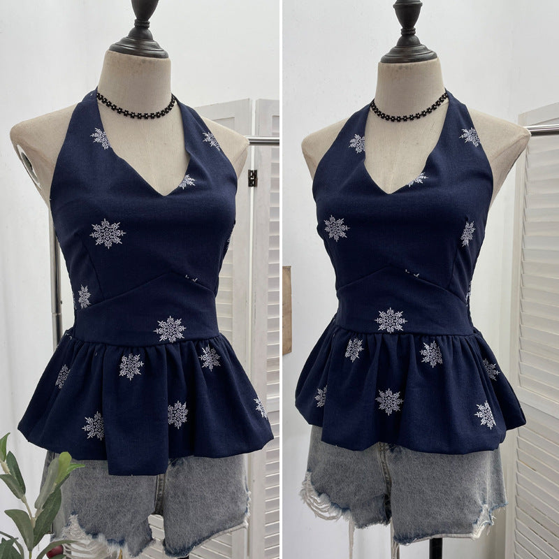 Hanging neck tie backless embroidered sleeveless top