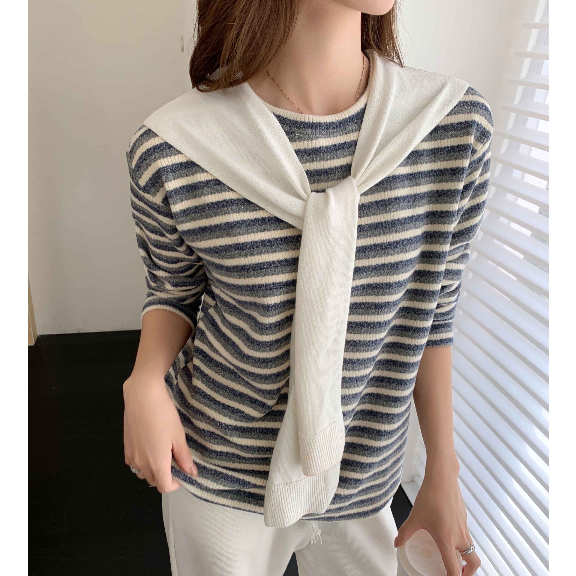 Striped round neck loose T-shirt top