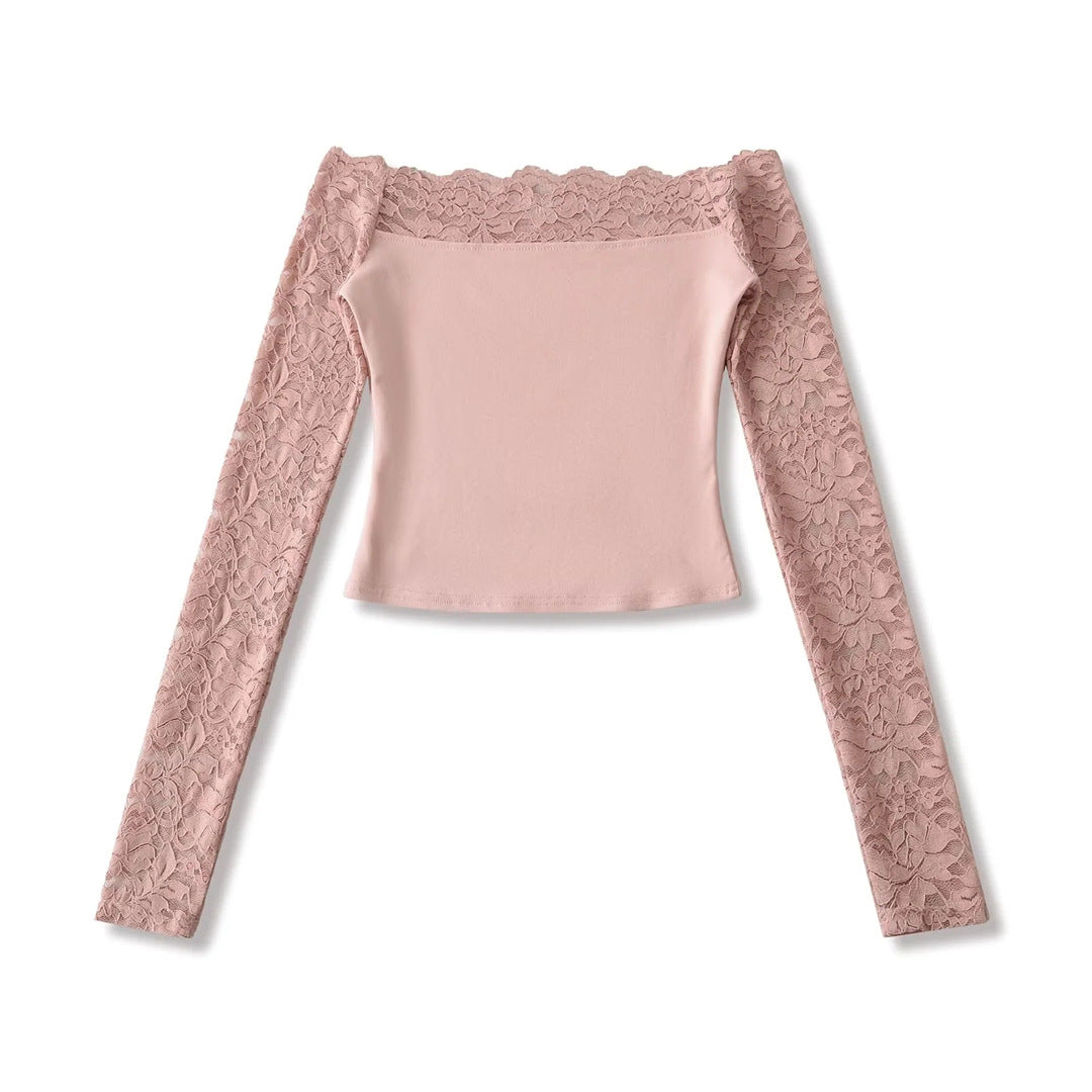 Lace Off-Shoulder Long Sleeve T-Shirt for Women, Sexy Hollow Out Fitted Crop Top, Pure Desire Style, Unique Streetwear Design