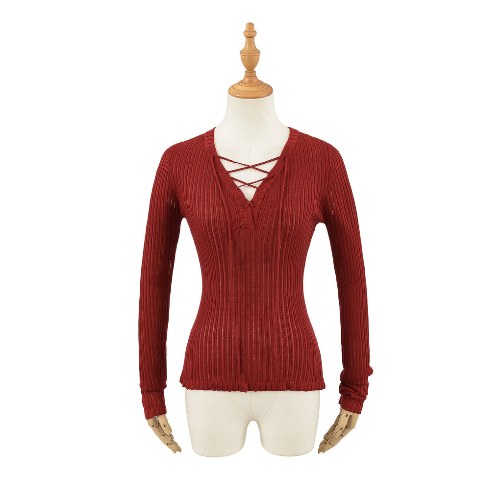 V-neck strap slim fit long sleeved top