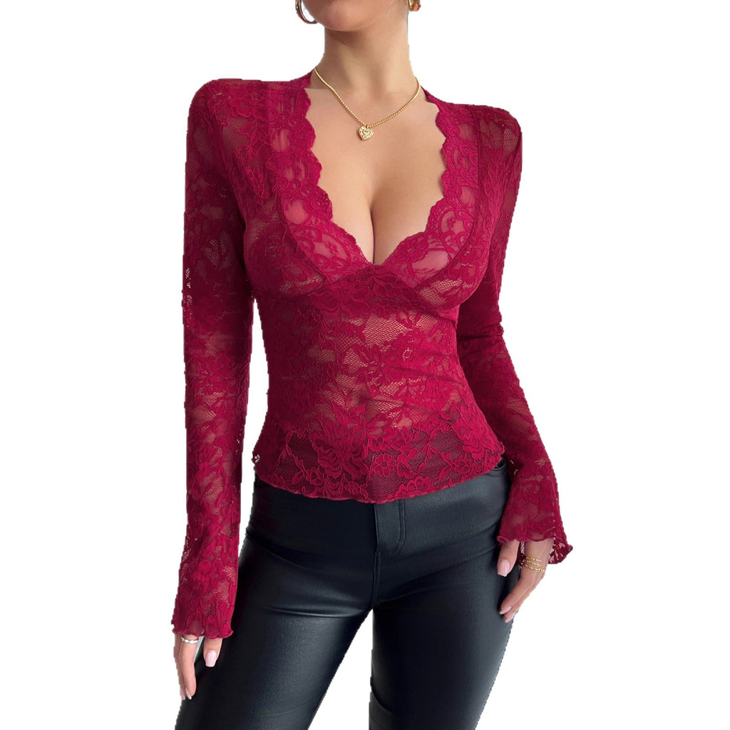 Lace slim fit V-neck long sleeved T-shirt top for women