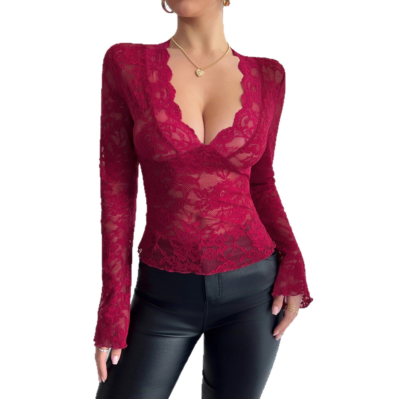 Lace slim fit V-neck long sleeved T-shirt top for women