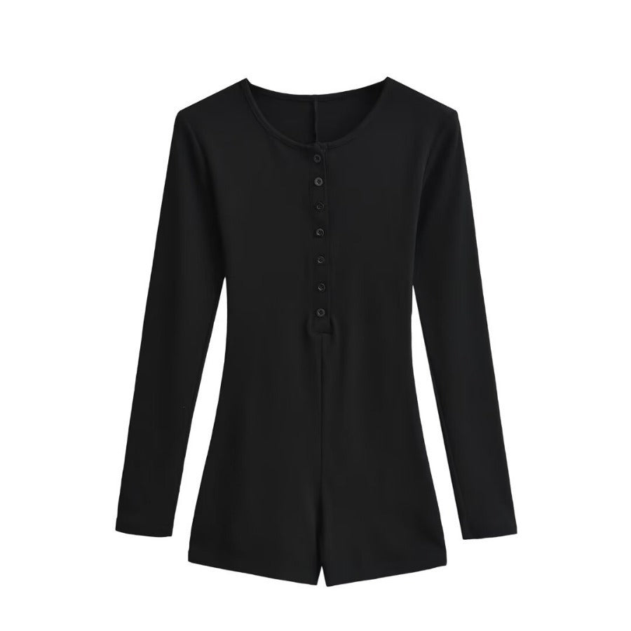 Single-breasted round-neck slim-fitting solid-color long-sleeved jumpsuit