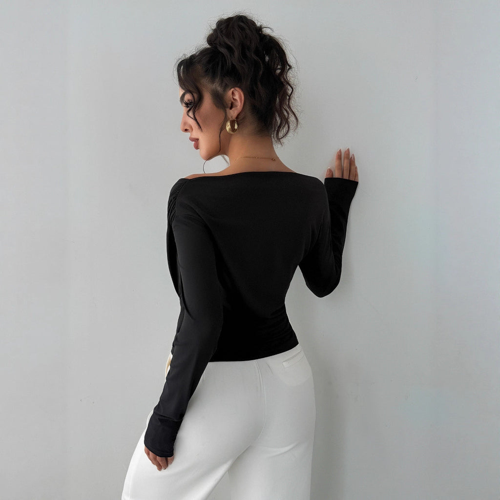 Solid color slanted shoulder collar off shoulder long sleeved shirt