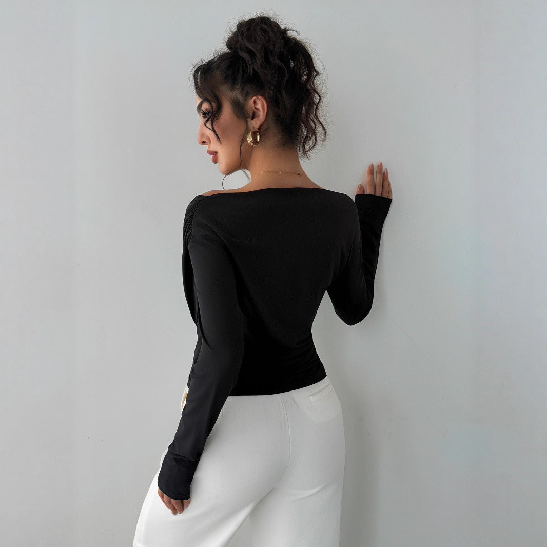 Solid color slanted shoulder collar off shoulder long sleeved shirt