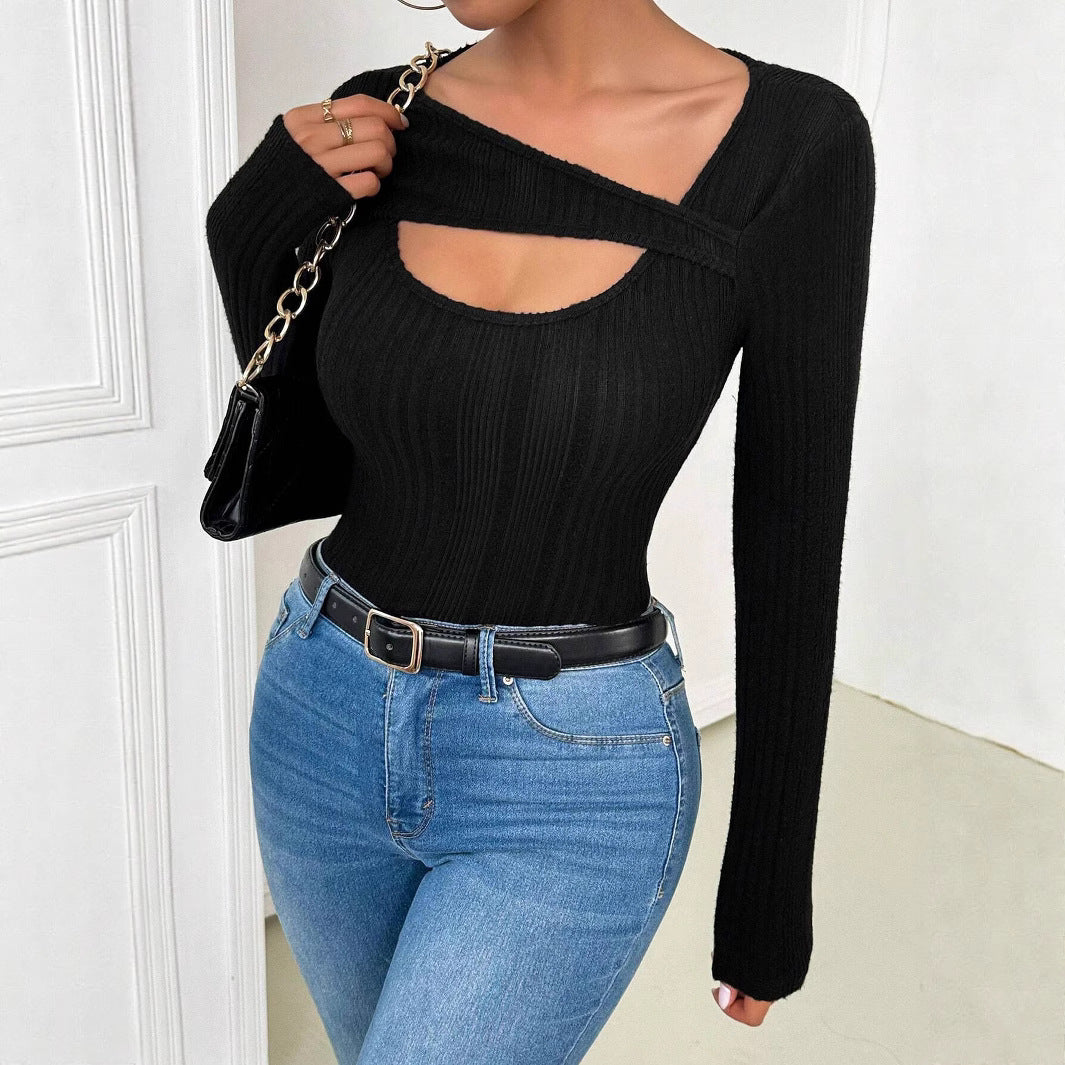 Women's asymmetrical collar hollowed out long sleeved T-shirt top