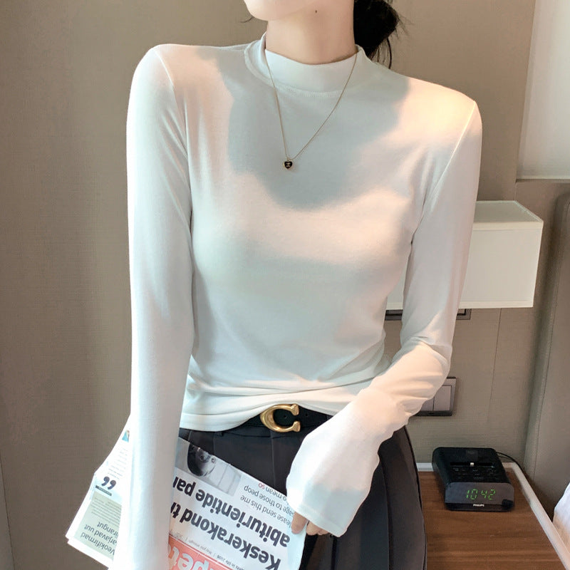 Women's long sleeved T-shirt with small stand up collar top