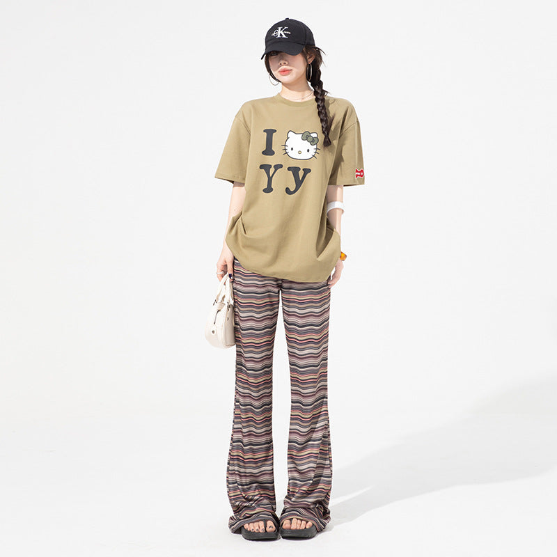 Women's Street Color Block Striped Brown Drawstring Slimming Flared Casual Trousers