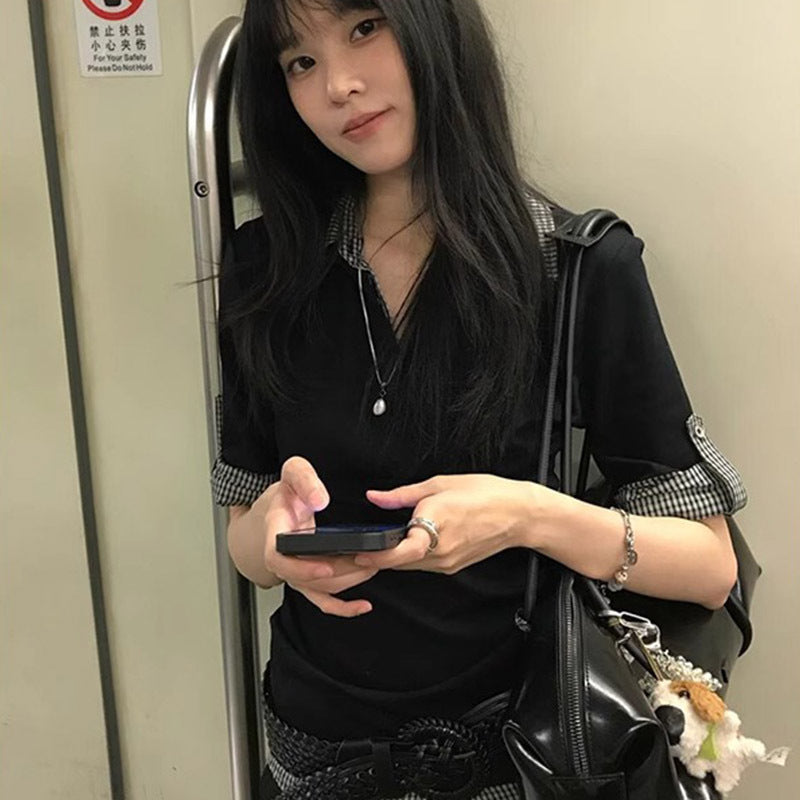 College Style Short Sleeve Women's Summer Color Block Plaid Fake Two-Piece Fitted T-Shirt Sweet and Spicy Top