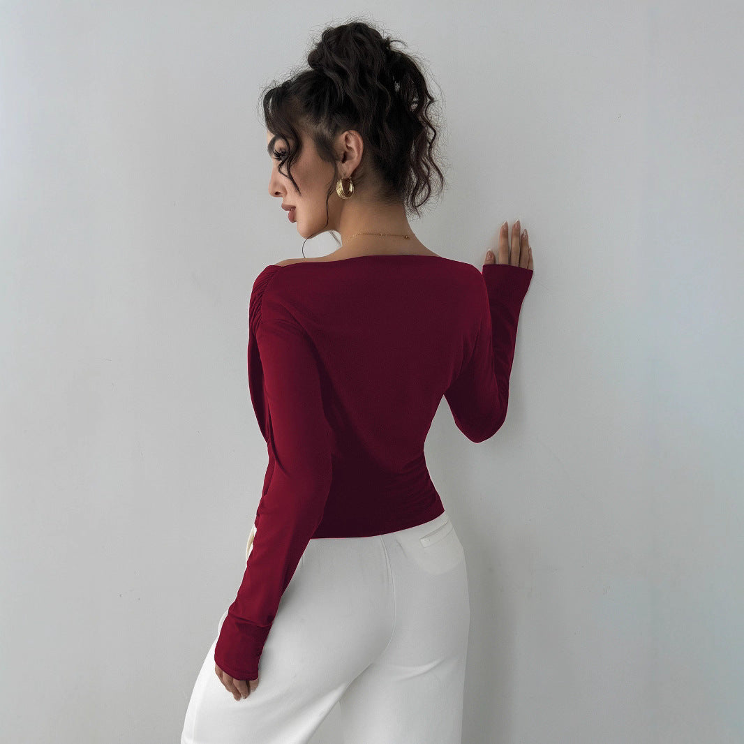 Solid color slanted shoulder collar off shoulder long sleeved shirt
