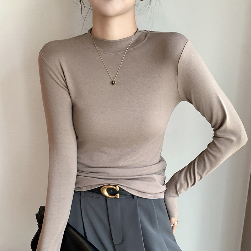 Women's long sleeved T-shirt with small stand up collar top