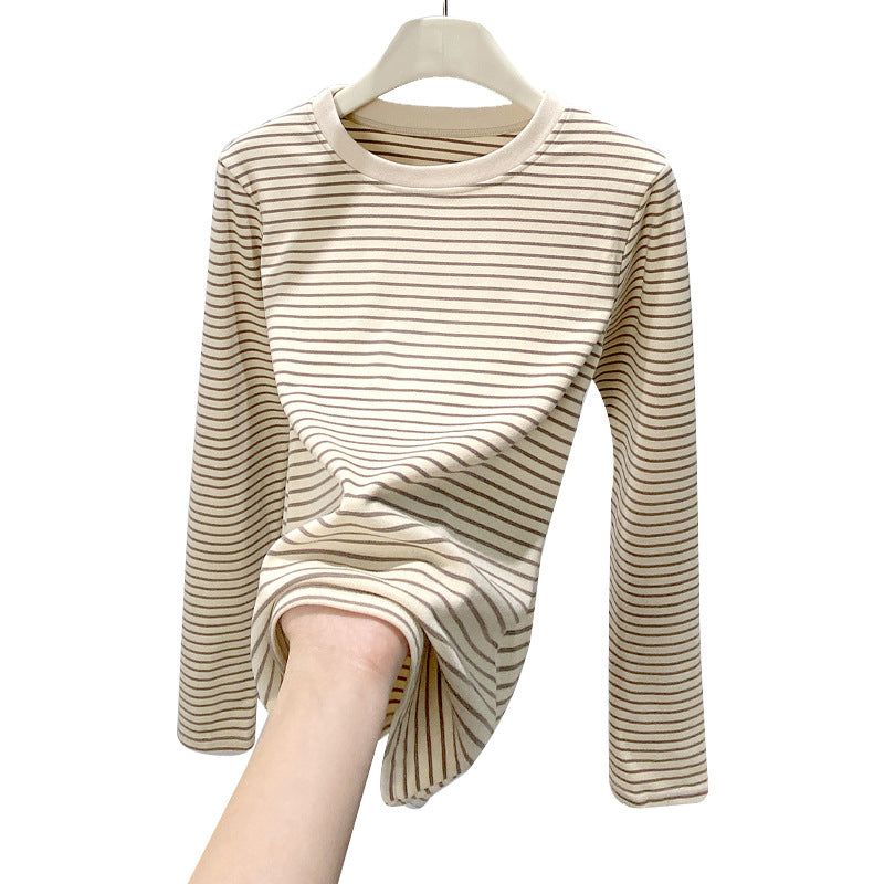 Round neck striped T-shirt long sleeved top for women