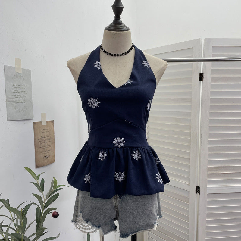 Hanging neck tie backless embroidered sleeveless top