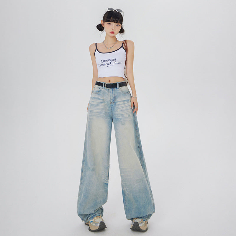 Women's  Loose Wide-Leg Jeans High-Waist Straight Leg Pants with  Frayed Details