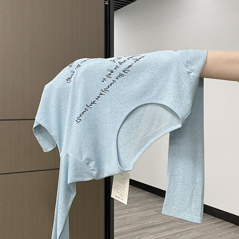 Black Thin Micro-Transparent Sunscreen Hoodie Long Sleeve T-Shirt Women's Letter Print Loose Lazy Style Top