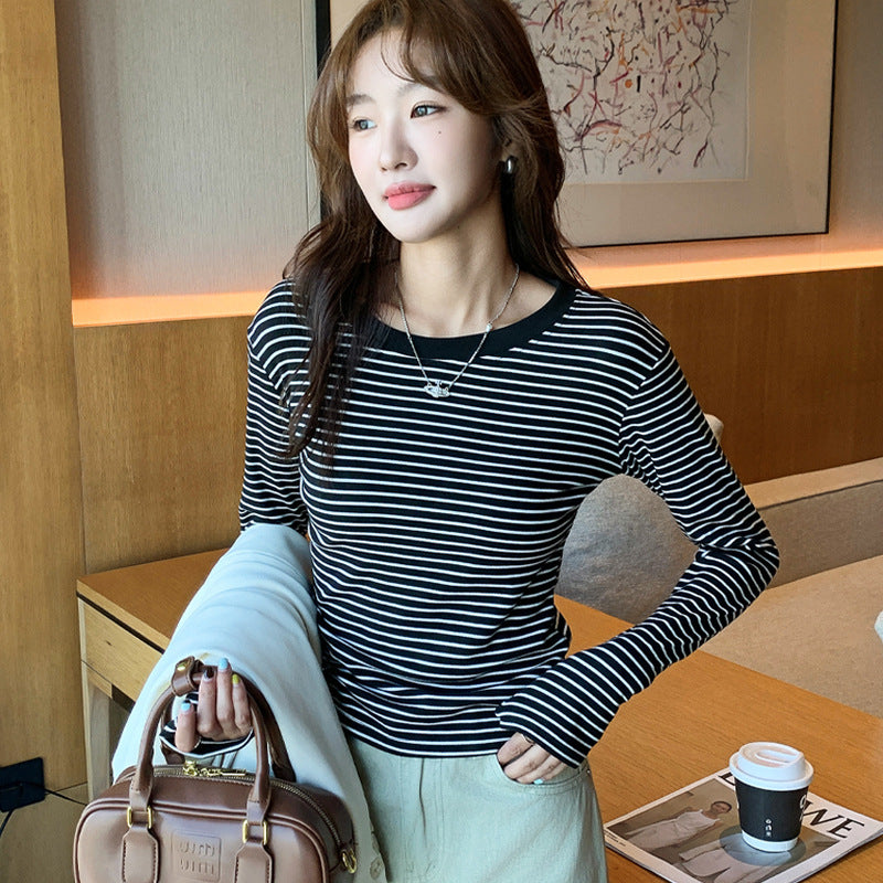 Round neck striped T-shirt long sleeved top for women